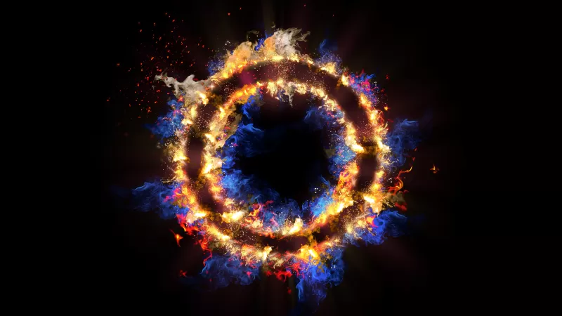 Fire ring, Energy, Black background, Flames, Circle, 5K