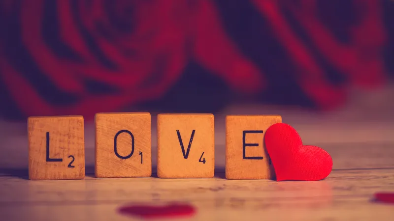 Love Scrabble Letters, 4K wallpaper, Red heart