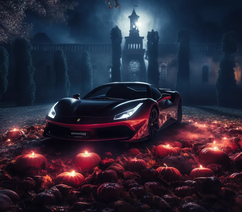 Ferrari 488 Halloween wallpaper, Black and red, Jack-o'-lanterns, Gothic castle, 5K