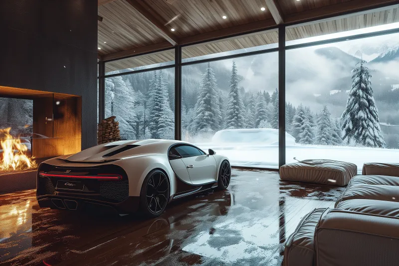 Bugatti Chiron, Cozy, Aesthetic interior, Winter, 5K, Fireplace