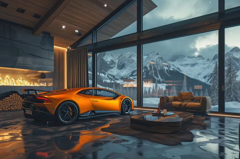 Lamborghini Huracan, Aesthetic interior, Cozy, Winter, 5K, Fireplace