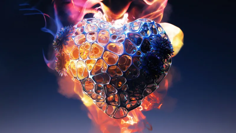 Love heart in Fire, 3D wallpaper, 5K, Flames