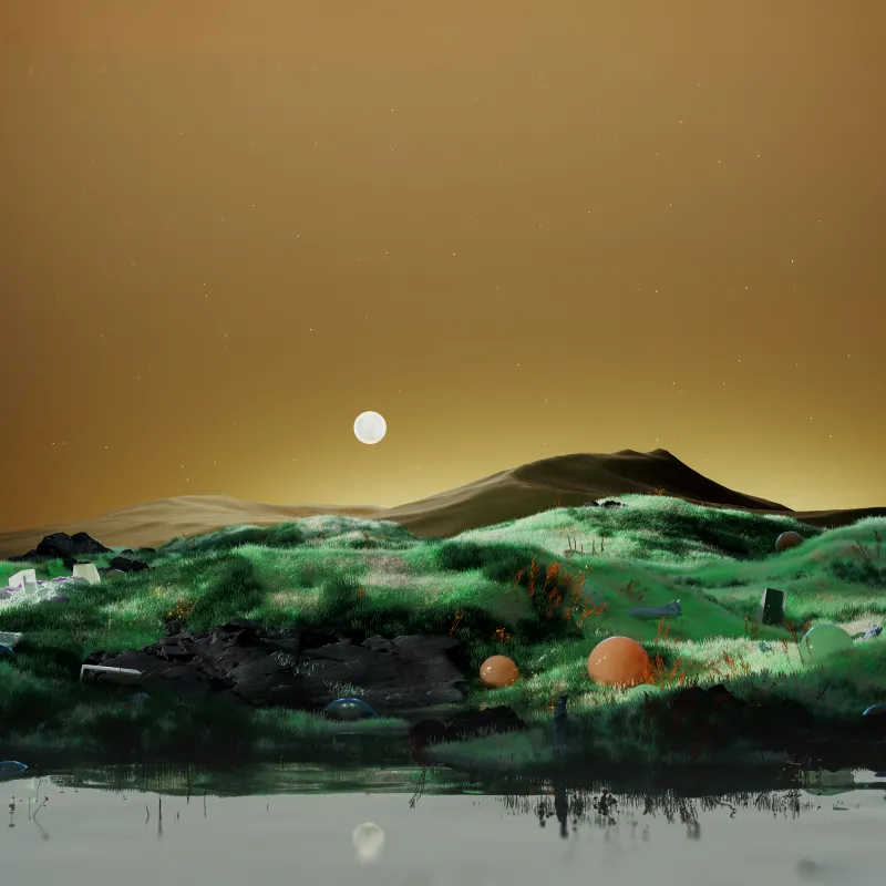 Surreal green hills, Full moon, Golden sky, 4K wallpaper