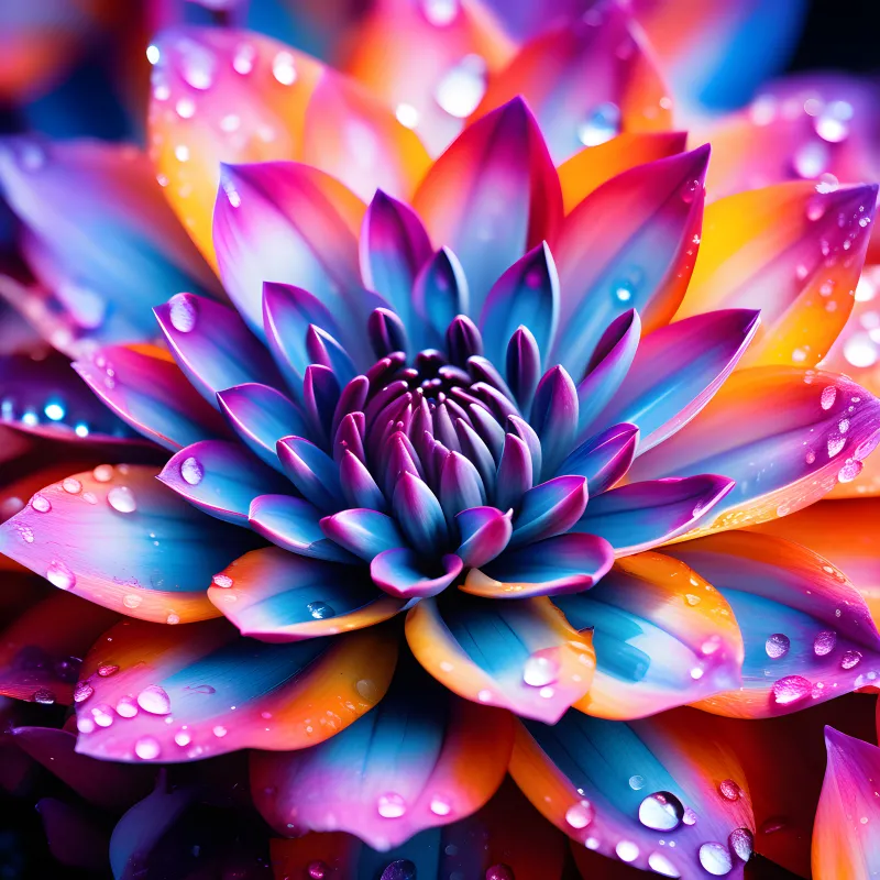 Colorful dahlia wallpaper, Dew drops, Macro