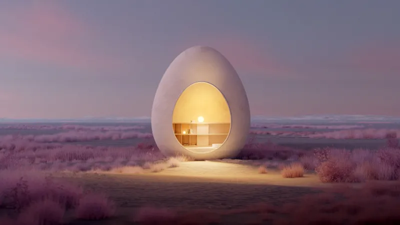 Egg house in lavender field, Surreal, Cozy light, 4K wallpaper