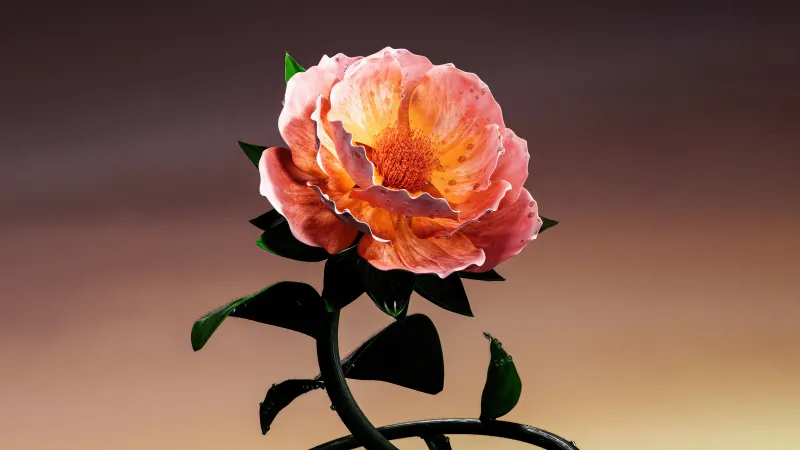 Peach rose render, Dew drops, Golden sky, 8K wallpaper