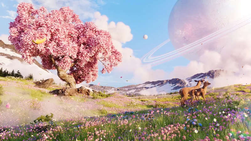Deer in flower meadow wallpaper, Pink tree, Ringed planet