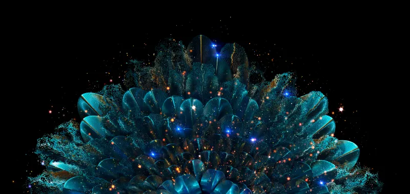 Glitter Peacock feathers, Ultrawide 8K wallpaper, Vibrant, Blue aesthetic, Blue abstract, 5K, 8K, Oppo Find N, Stock, Elegant, Pattern, Black background
