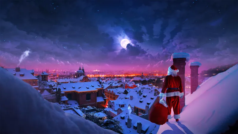 Santa Claus, Christmas Eve, Full moon, Winter, Rooftop, Aesthetic Christmas