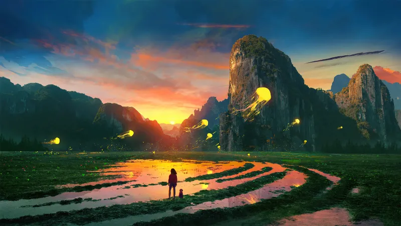 Dream girl, Floating jellyfish, Golden sunset, 4K wallpaper