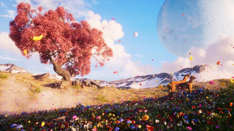 Deer under a giant moon wallpaper, Wildflowers, Red tree