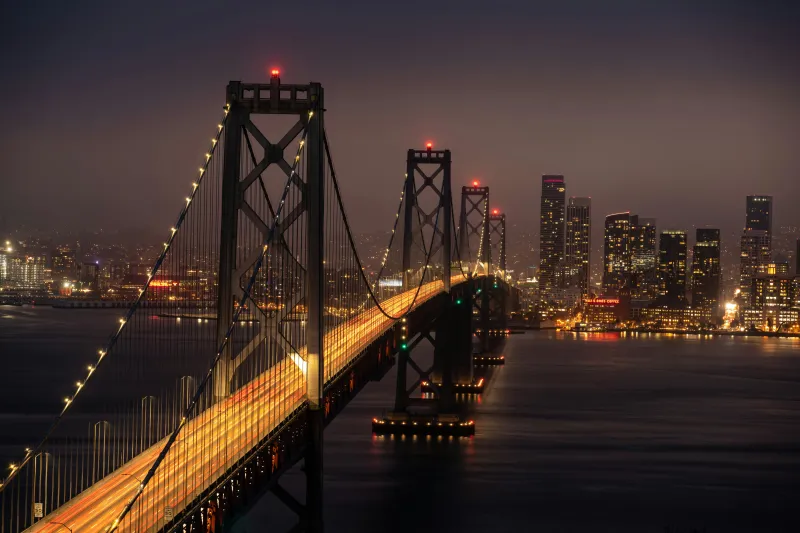 San Francisco-Oakland Bay Bridge, California, City night, Night illumination, 5K, 8K