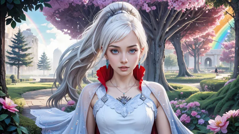 Weiss Schnee, RWBY, AI art, Cherry blossom garden, Anime girl wallpaper, 5K wallpaper