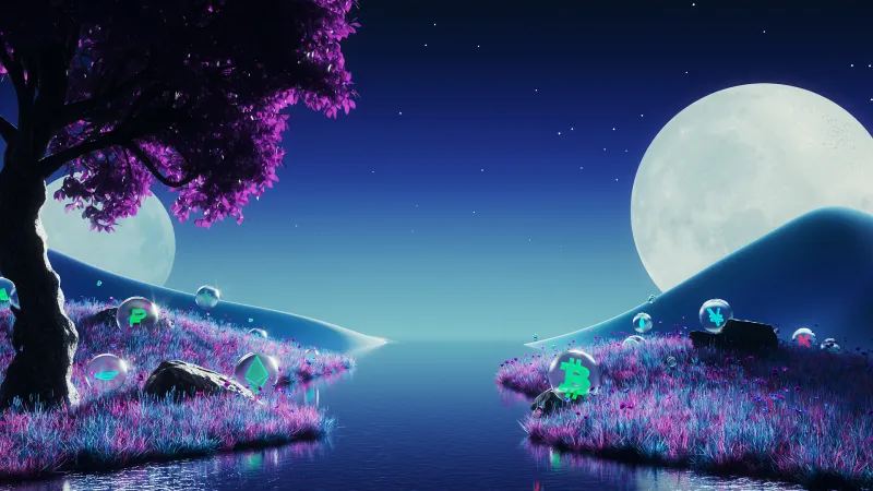 Crypto coins in bubbles wallpaper, Moonlit river, Purple trees