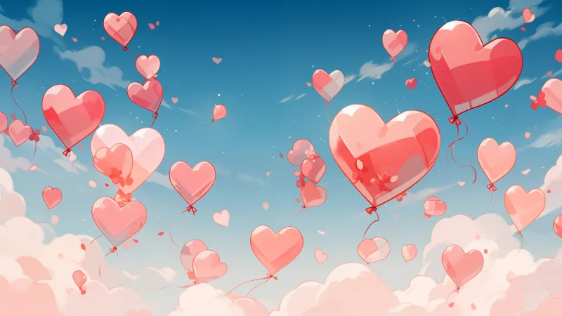 Flying Love heart balloons, 5K wallpaper