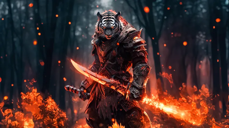 Tiger warrior with flaming sword, Burning forest, 4K wallpaper
