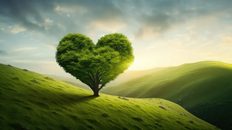 Love heart Green Tree, Landscape Aesthetic, AI art, Hill, Romantic, Surreal, 5K