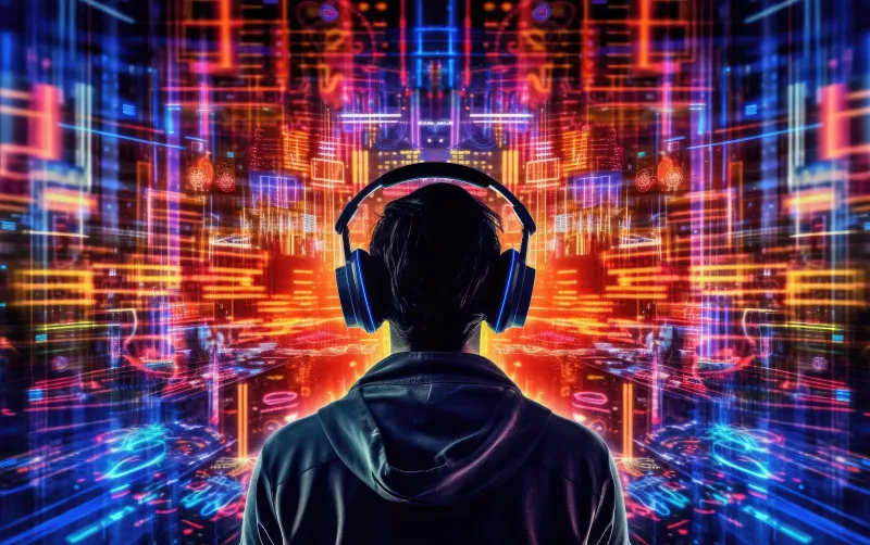 DJ with headphones, Neon digital world, AI art, 5K wallpaper