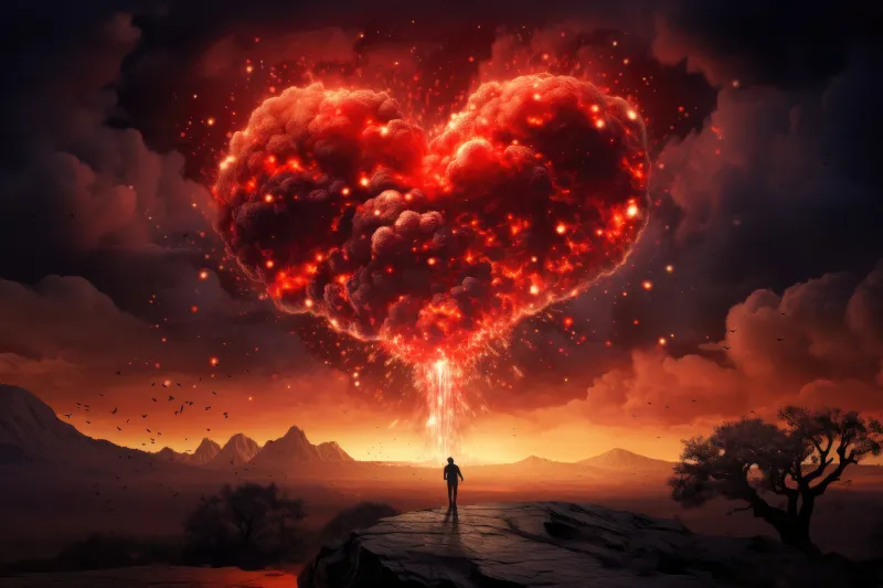 Love heart Surreal Explosion, Dreamlike, Silhouette, 5K