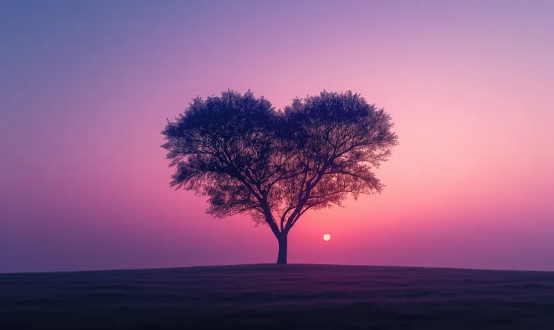 Love heart, Tree, Sunset, Aesthetic, Landscape, Pink sky