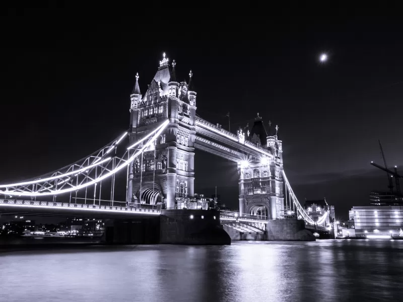 Tower Bridge, London, River Thames, Monochrome, Dark background, Lights, Cityscape, Night, Moon, England