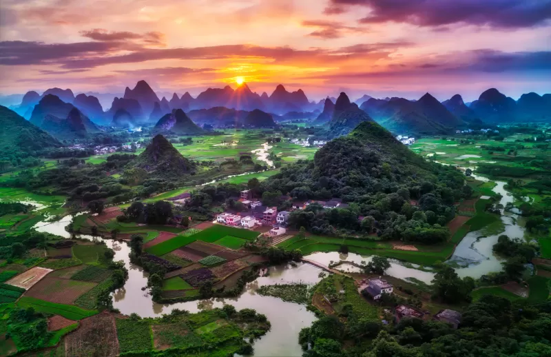 Guilin City, China, Sunset, Beautiful, Green Fields, Village, River, Mountains, Clouds, 5K, 8K