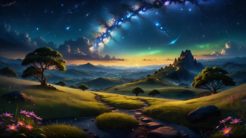 Starry sky Landscape, Dreamlike wallpaper, Surreal, AI art, Dawn