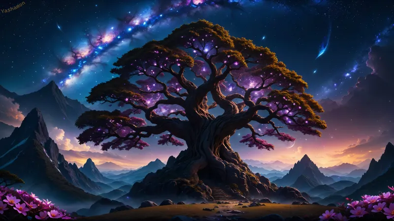 Cosmic tree of life, Milky Way, Purple blossoms, 4K wallpaper