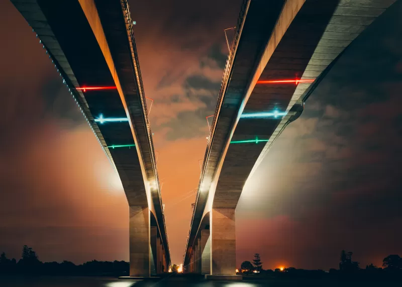Twin bridges from below, Night lights, Orange sky, HD wallpaper