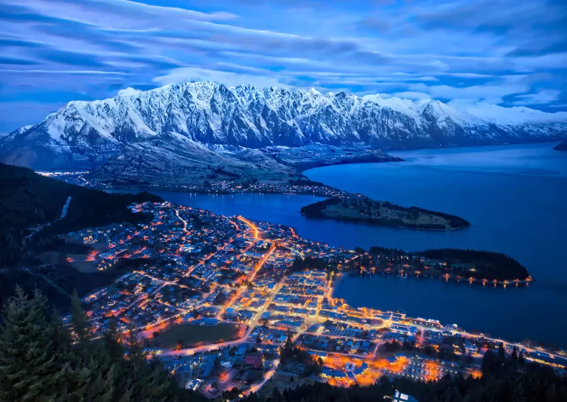 Lake Wakatipu, Queenstown, New Zealand Snow mountains, Cityscape, Night lights, Blue Sky, Clouds, 5K