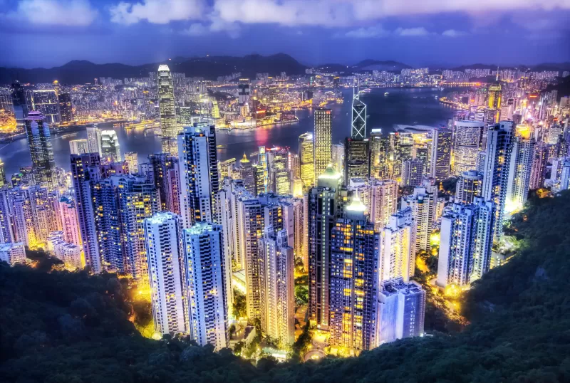 Hong Kong City, Aerial view, Night lights, Cityscape, Sunset, Skyscrapers, Vibrant, Clouds, River