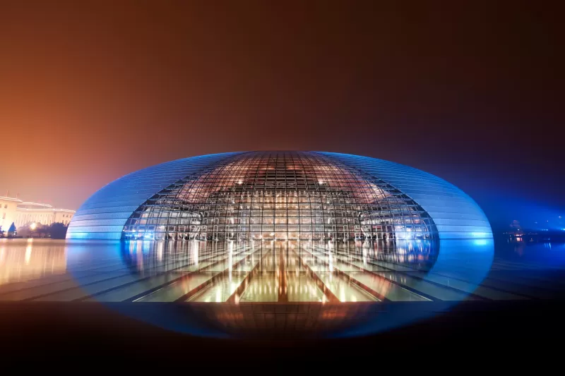 National Centre for the Performing Arts, China, Blue light, Glass, Modern architecture, Dome, Reflection, Clear sky, Night lights, 5K