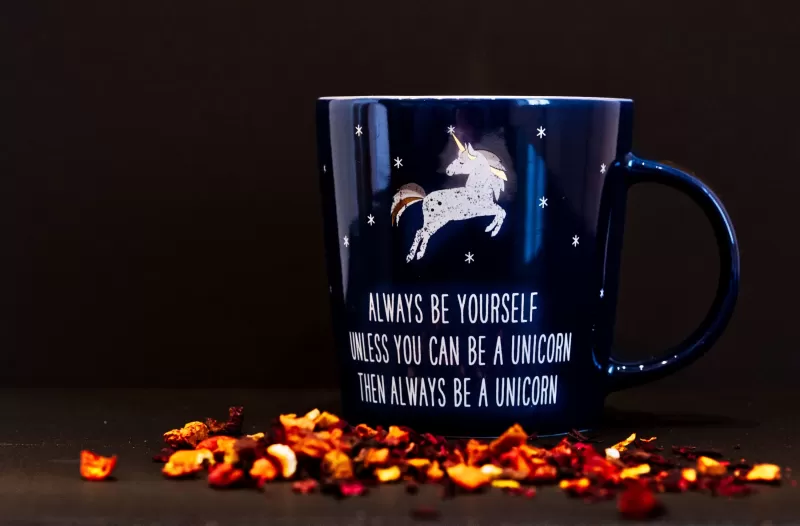 Coffee cup, Blue, Unicorn, Dark background, Always be yourself, Mug, Motivational