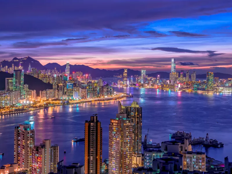 City Skyline, Night life, Cityscape, Hong Kong, Skyscrapers, Purple sky, River, Sunset, Night lights, 5K