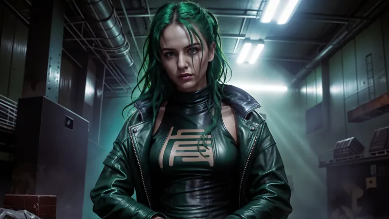 Green-haired cyberpunk woman, Leather jacket, AI art, 4K wallpaper