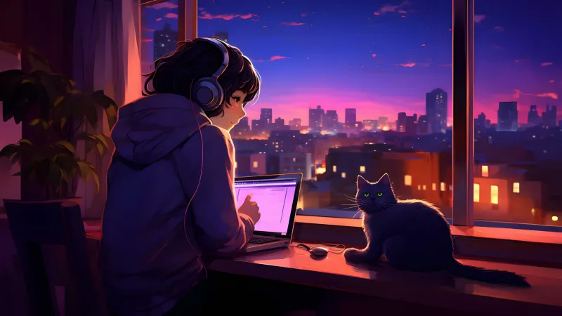 Lofi girl, Cozy Cat, Window, Alone, Aesthetic