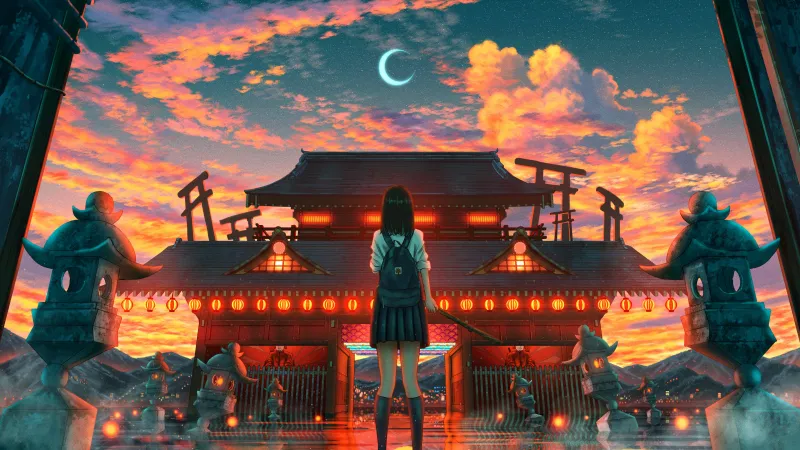 Ancient architecture Japanese girl, Crescent Moon, Illuminated, Lofi girl, Clouds, Shuu Illust