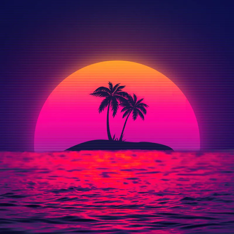 Vaporwave, Sunset, Palm trees, Island, 5K background, Pink aesthetic