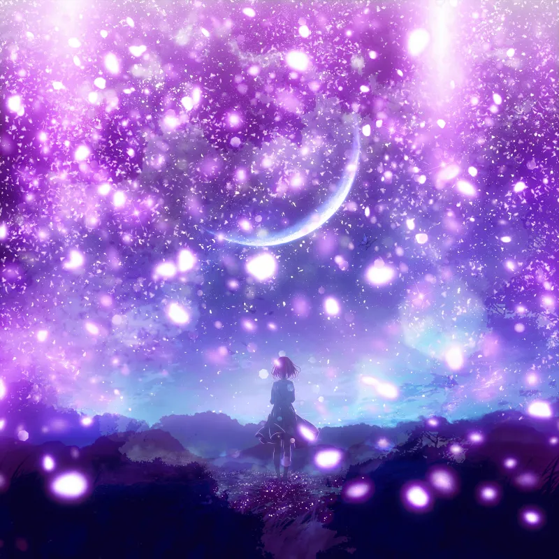 Anime girl Purple aesthetic, Crescent Moon, Dreamlike, Surrealism, Purple sky, Mood, Lonely, 5K, Shuu Illust