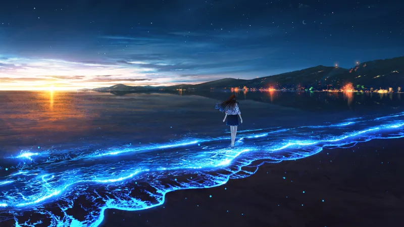 Bioluminescence Beach, Anime girl, Alone, Sunset, Ocean, 5K background