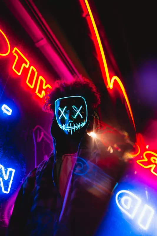 LED mask, Neon Lights, Portrait, Colorful, Anonymous, 5K