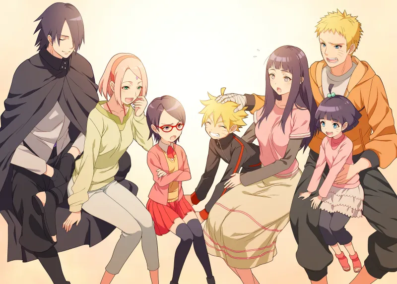 Naruto Uzumaki, Sarada Uchiha, Sasuke Uchiha, Sakura Haruno, Hinata Hyuga, Himawari Uzumaki, Boruto Uzumaki, Boruto: Naruto the Movie