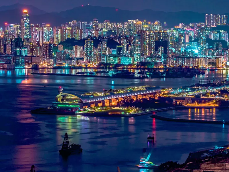 Hong Kong City, Cityscape, Nightlife, Skyscrapers, Waterfront, Reflections, River, Night time, Aesthetic, 5K