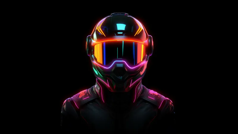 Biker Neon Helmet, Black background 5K, AMOLED, AI art