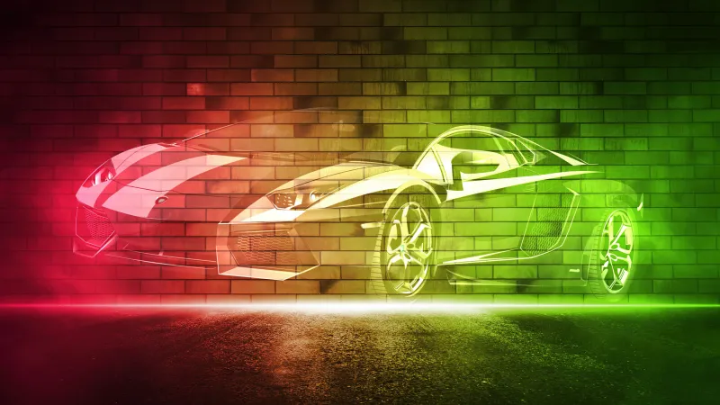 Lamborghini neon art wallpaper, Glowing outline, Red and green, Brick wall