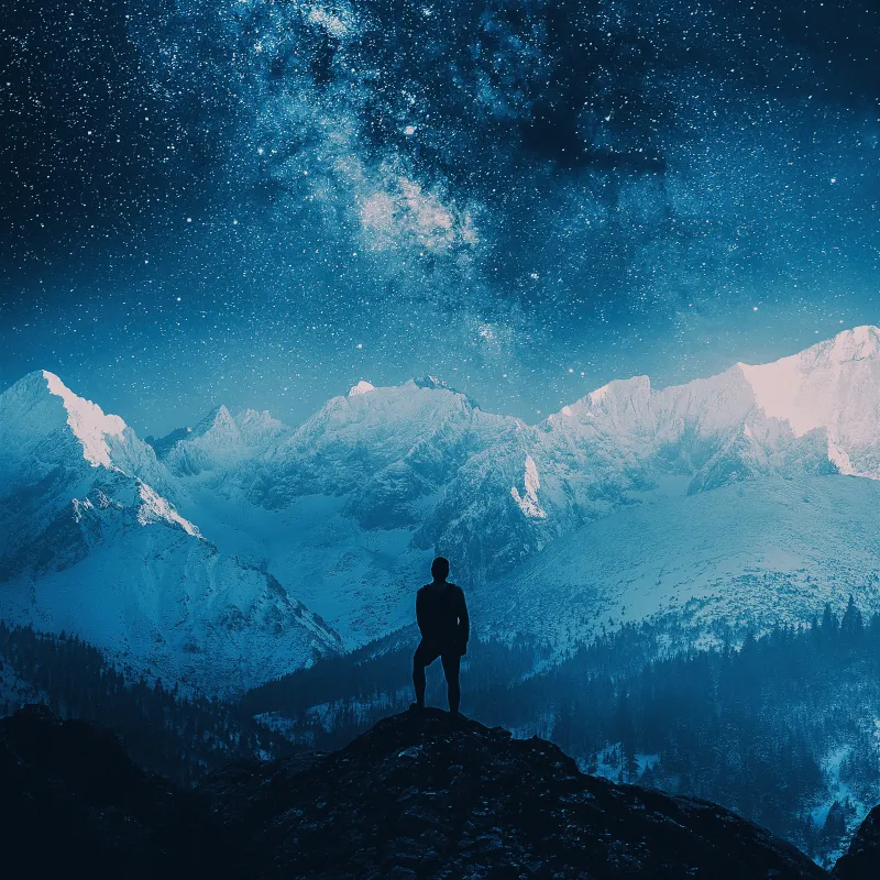 Hiker under Milky Way wallpaper, Snowy mountains, Starry night