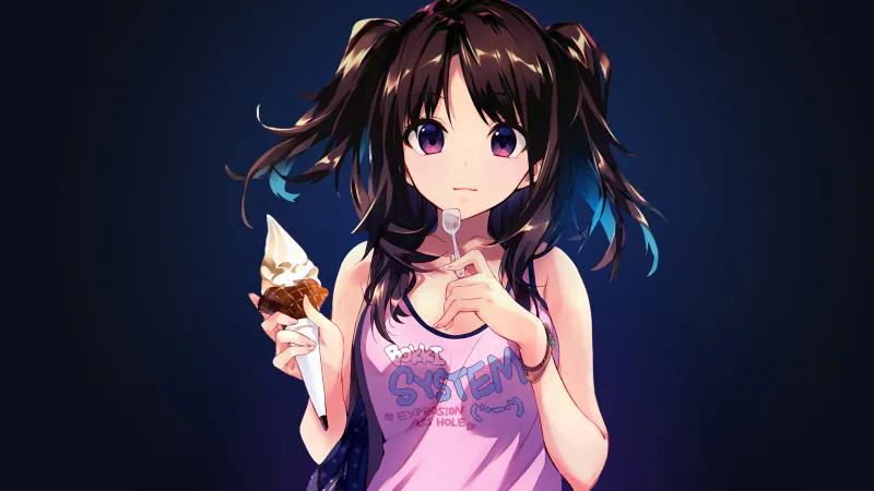 Anime girl 4K wallpaper, Ice cream cone, Dark blue