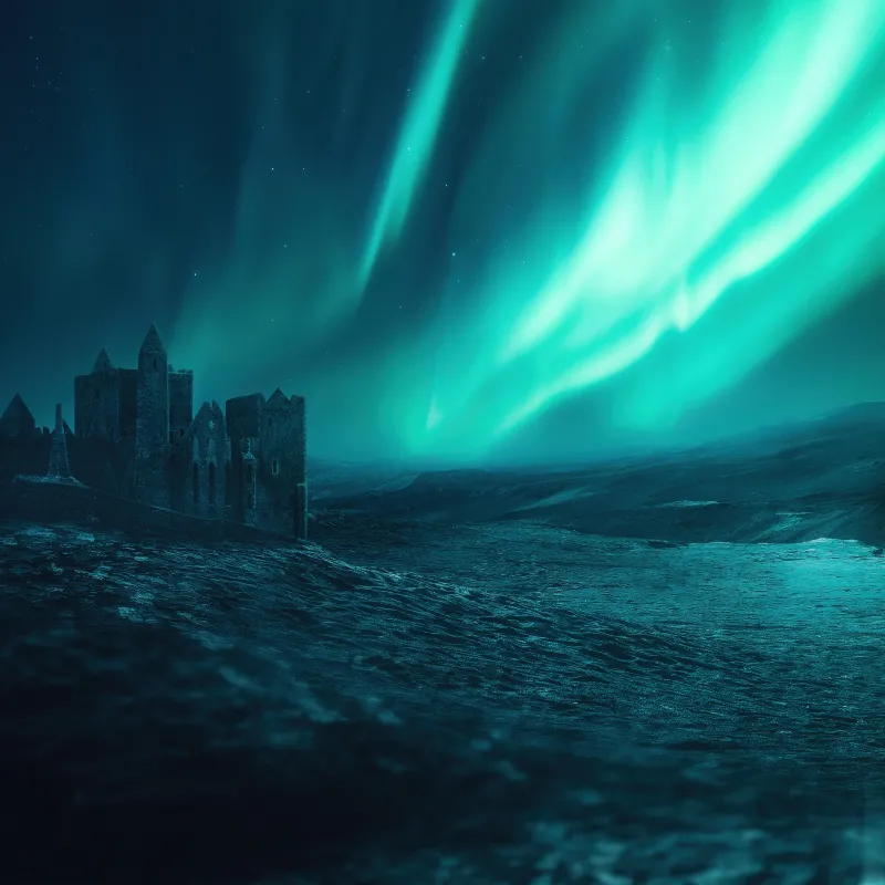 Ruined castle wallpaper, Aurora sky, Green northern lights