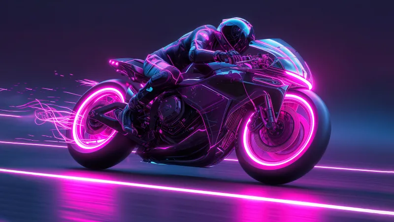 Biker Neon art, Racing bikes, Neon glow, Neon background, 5K background