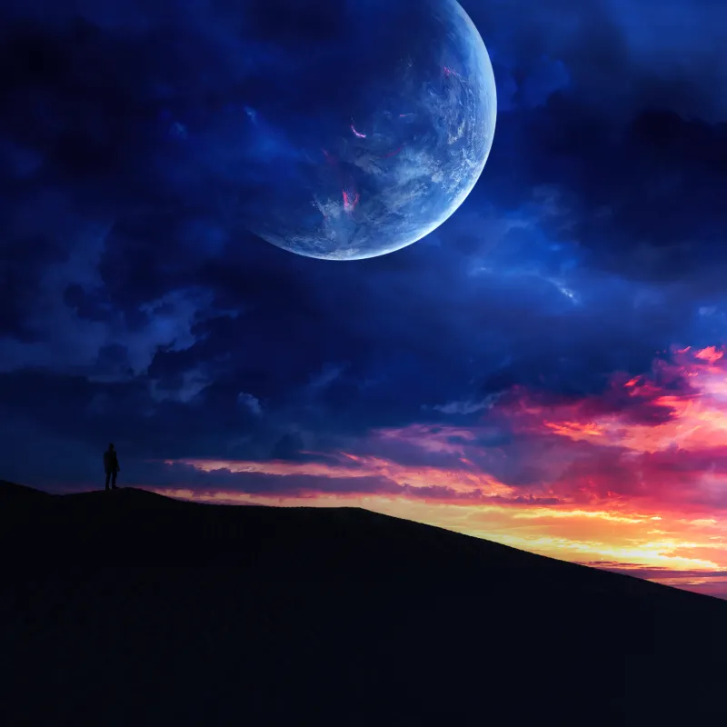 Dreamy Dune, 5K wallpaper, Silhouette, Sunset, Man, Planet, Cloudy Sky